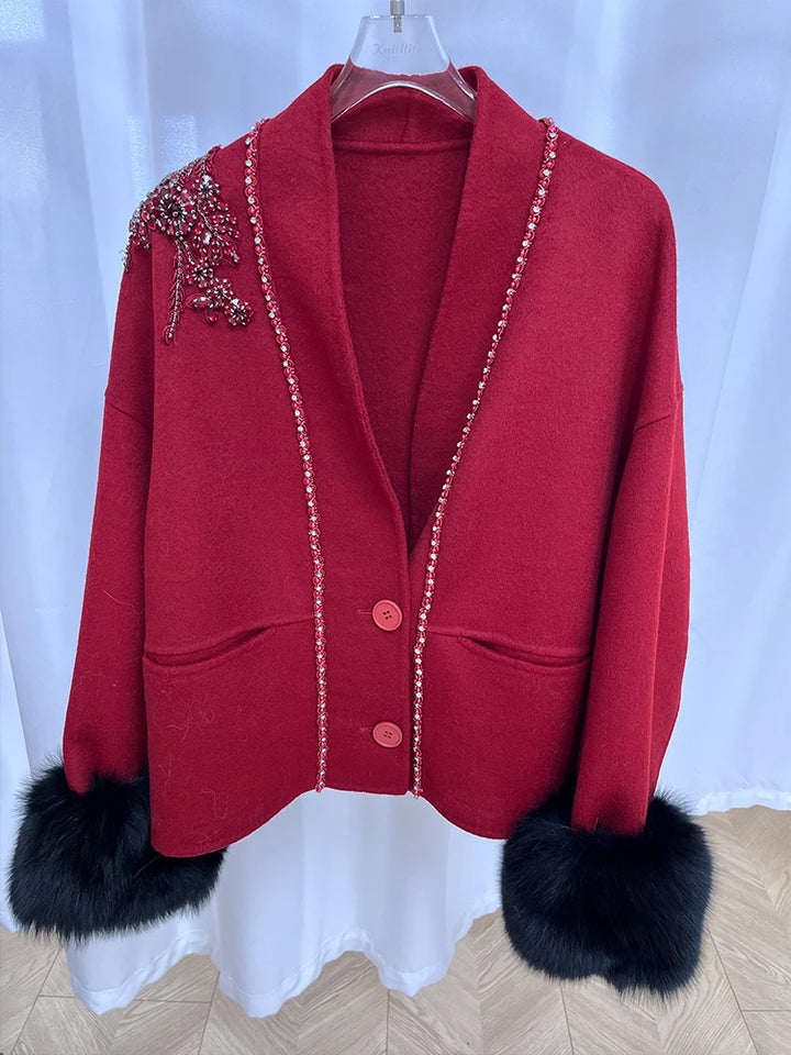 Real Natural Warm Wool Fur Cuff Coat