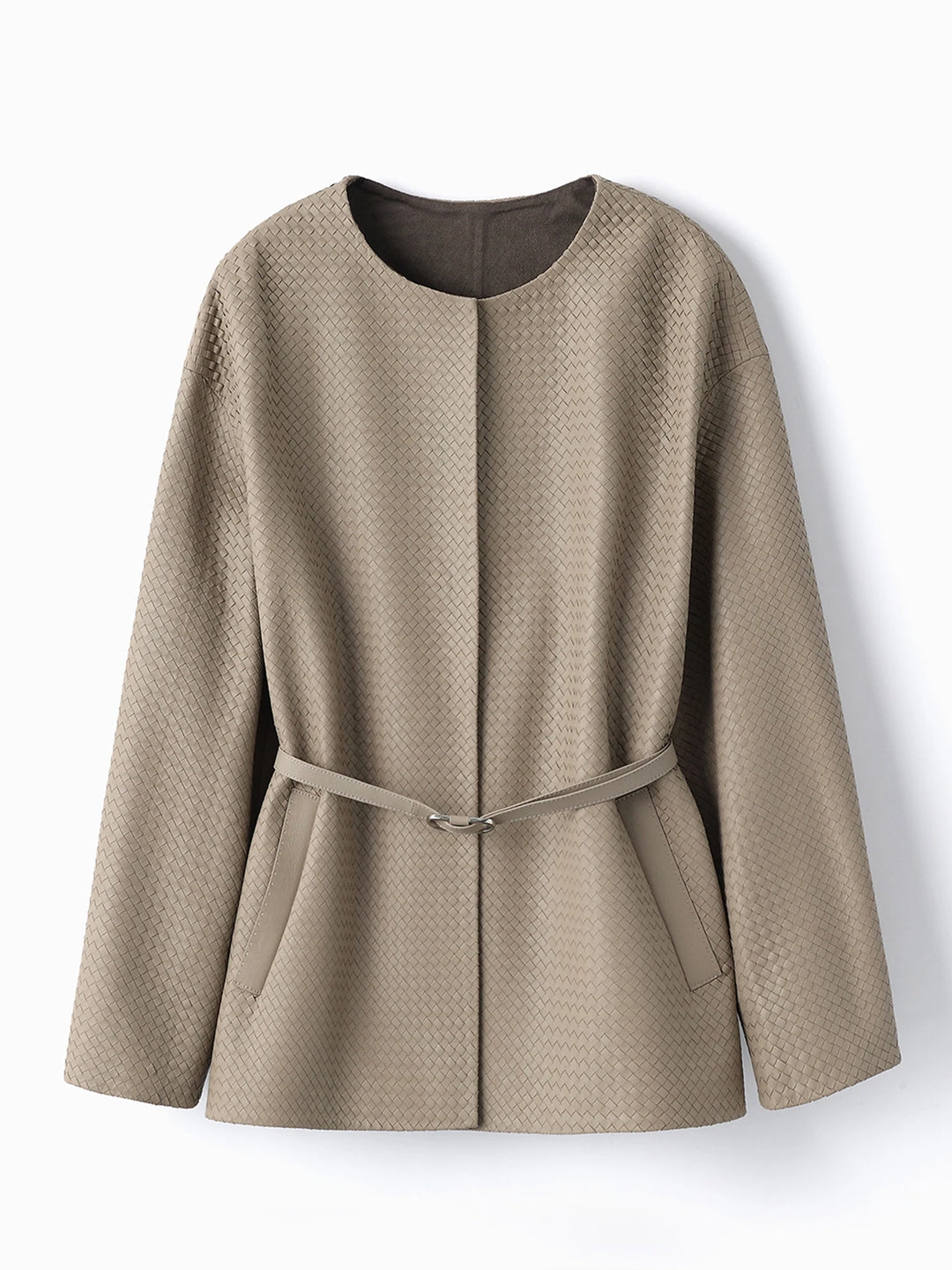 Beige woven leather-look belted jacket with long sleeves and buckle waist belt