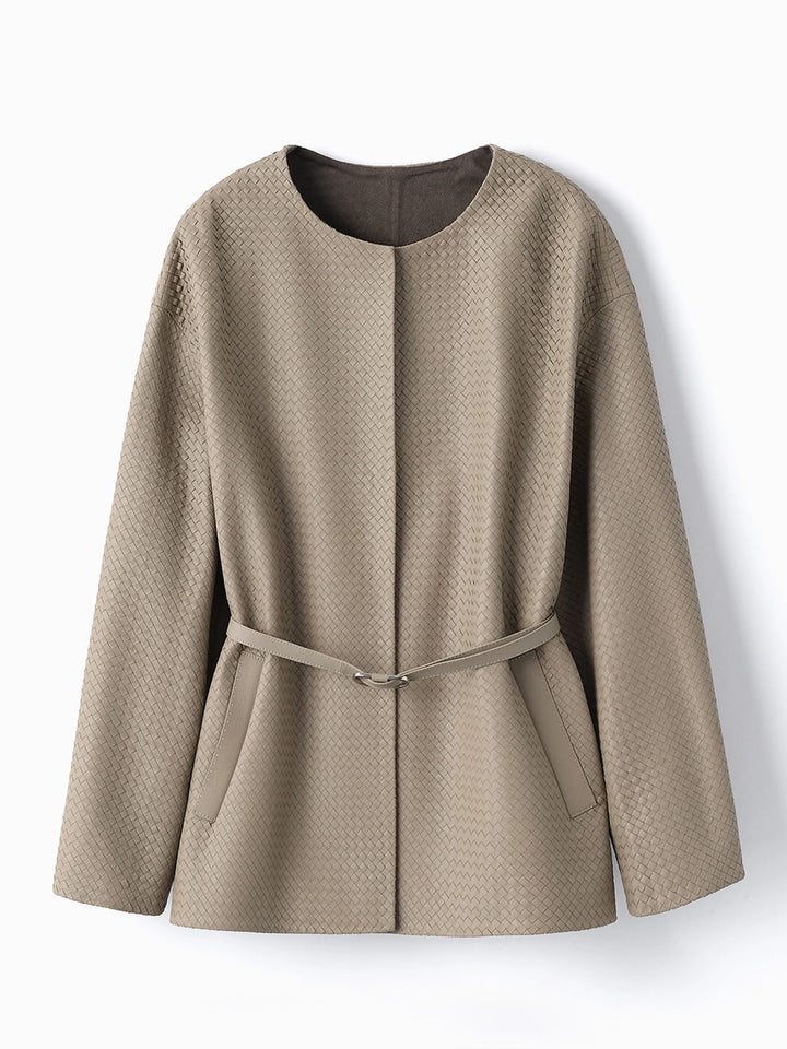 Beige woven leather-look belted jacket with long sleeves and buckle waist belt