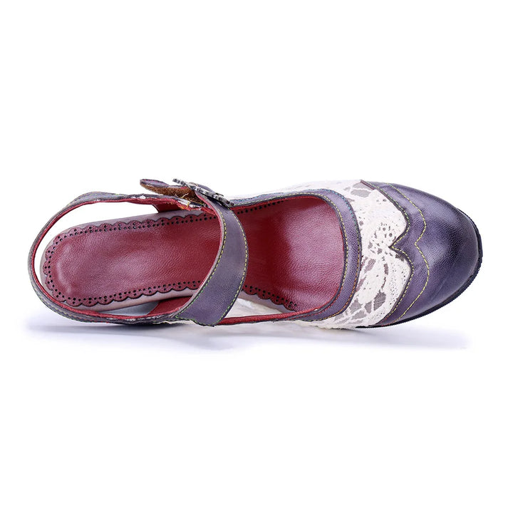 Women’s heeled T-strap sandals, side view, purple leather with white snake print inlays