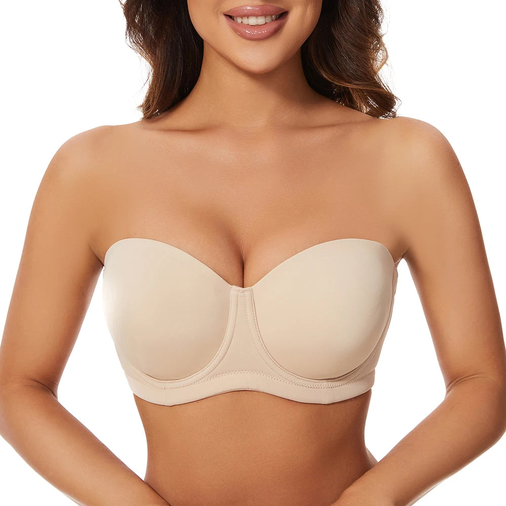 Women's lightly padded push-up bra, strapless, nude beige, underwire cups
