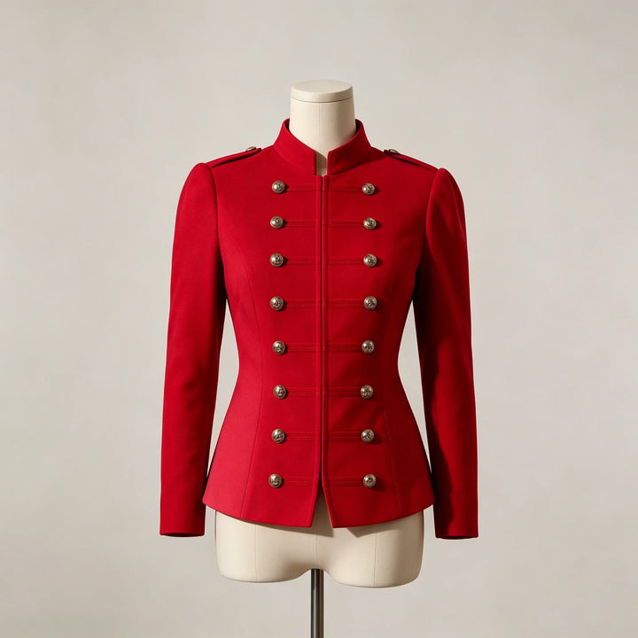 Red zip-front cropped military jacket with gold-tone buttons and epaulets