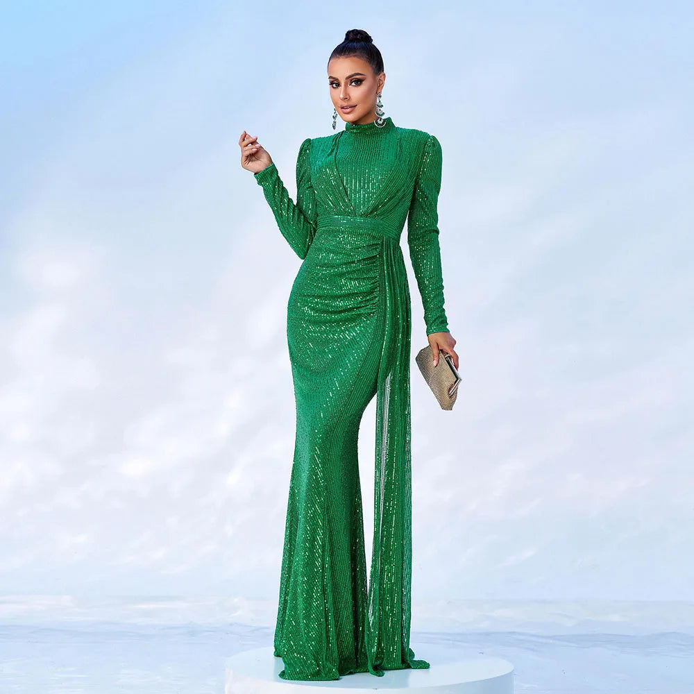 Mermaid Sequin Draped Evening Gown