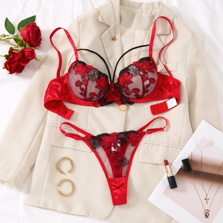 Classic Two-Piece Floral Embroidered Bra Set