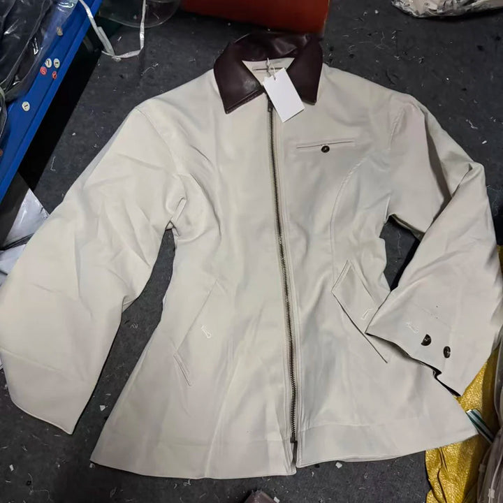 Women’s light gray-green lapel zipper jacket with brown collar, laid out flat