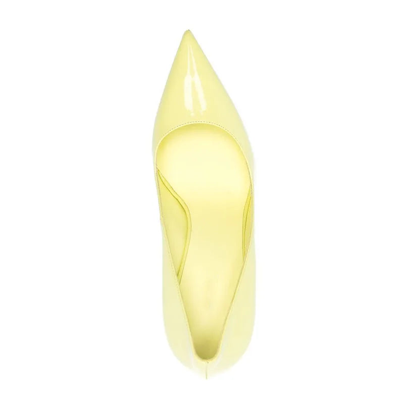 Patent leather high heel pump, pale yellow, pointed toe with inner cutout