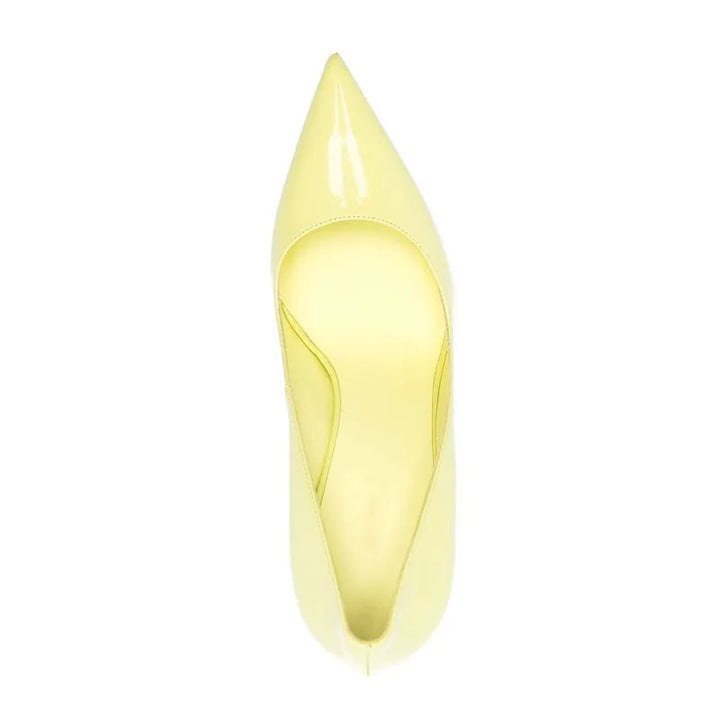 Patent leather high heel pump, pale yellow, pointed toe with inner cutout