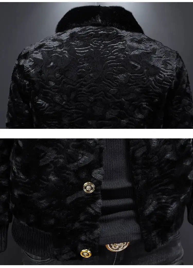 Black faux fur long overcoat, textured pattern, stand collar, gold button details