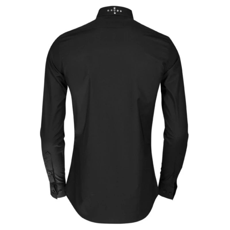 Black slim-fit men’s dress shirt back view with skull-studded collar.