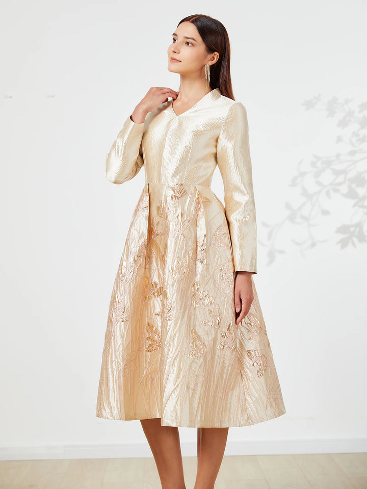 Luxurious Golden Jacquard Midi Skirt Dress