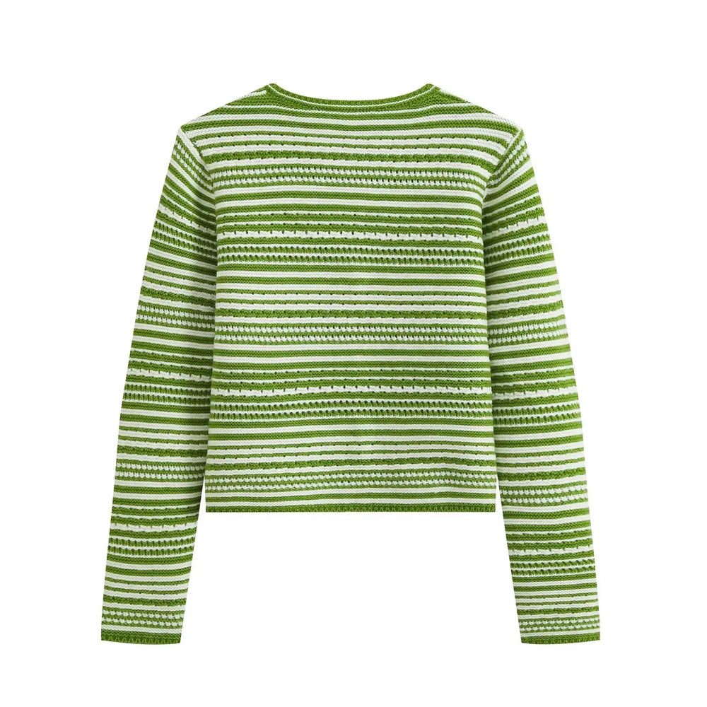 Back view of green and white striped knit sweater, crew O-neck style