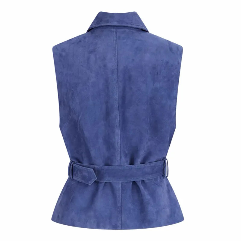 Prussian Blue suede leather waistcoat back with waist belt and peplum hem