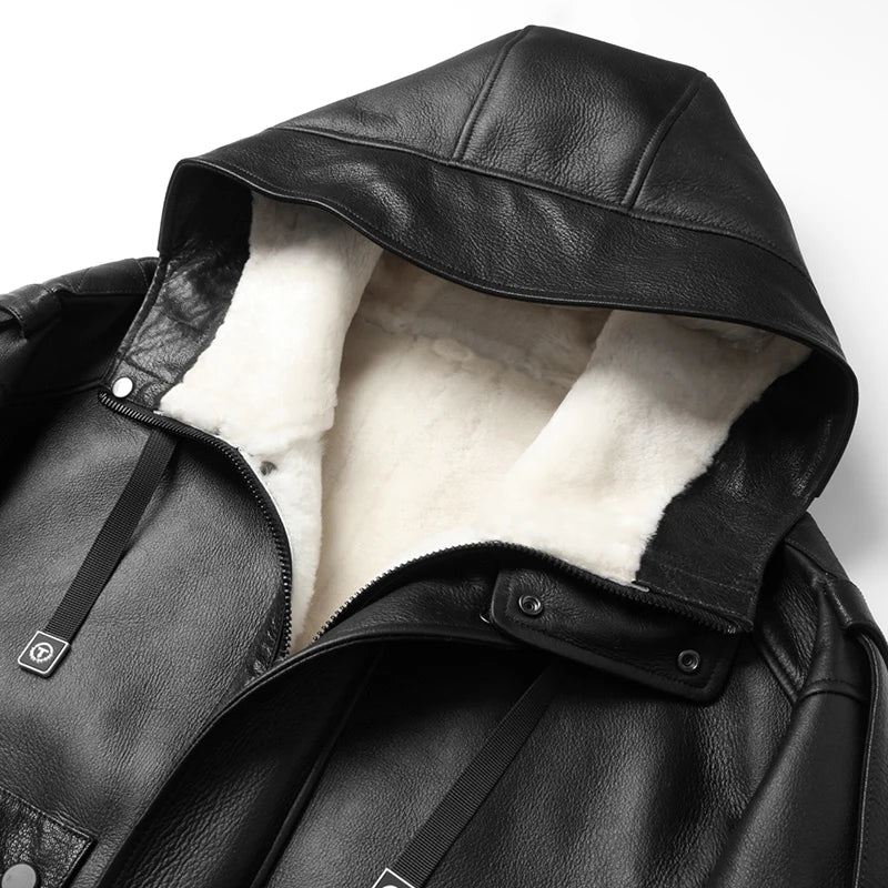 Real Natural Leather Hooded Jacket