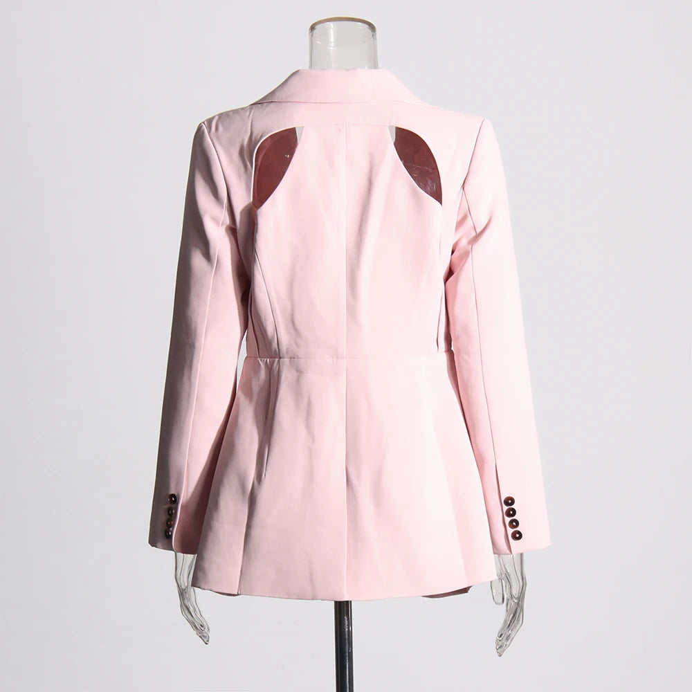 Two-tone patchwork blazer back view with waist seam and long sleeves