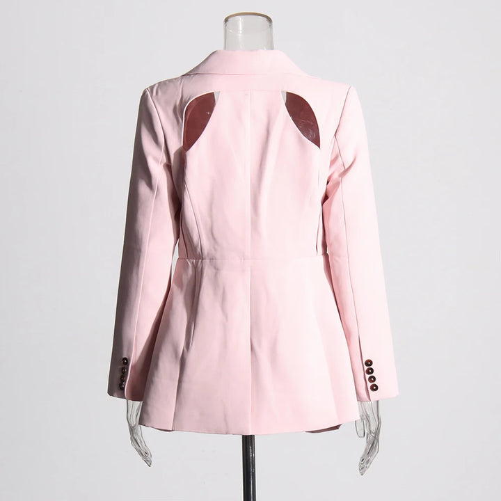Two-tone patchwork blazer back view with waist seam and long sleeves