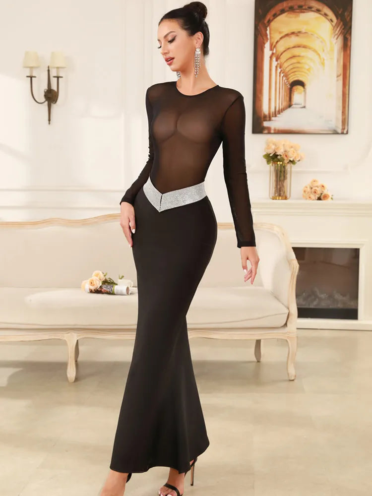 Elegant Turtleneck Mesh Black Maxi Dress
