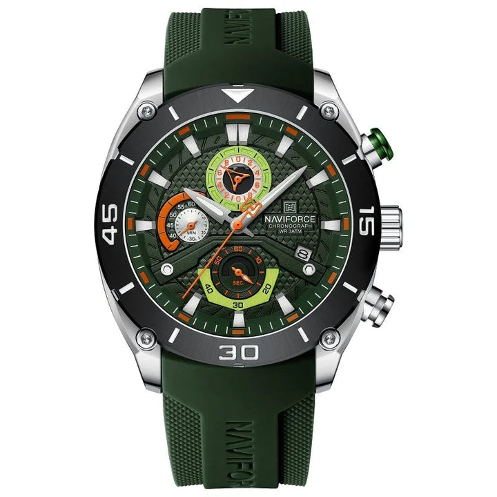 Green sports watch with textured silicone strap and dark chronograph dial with subdials