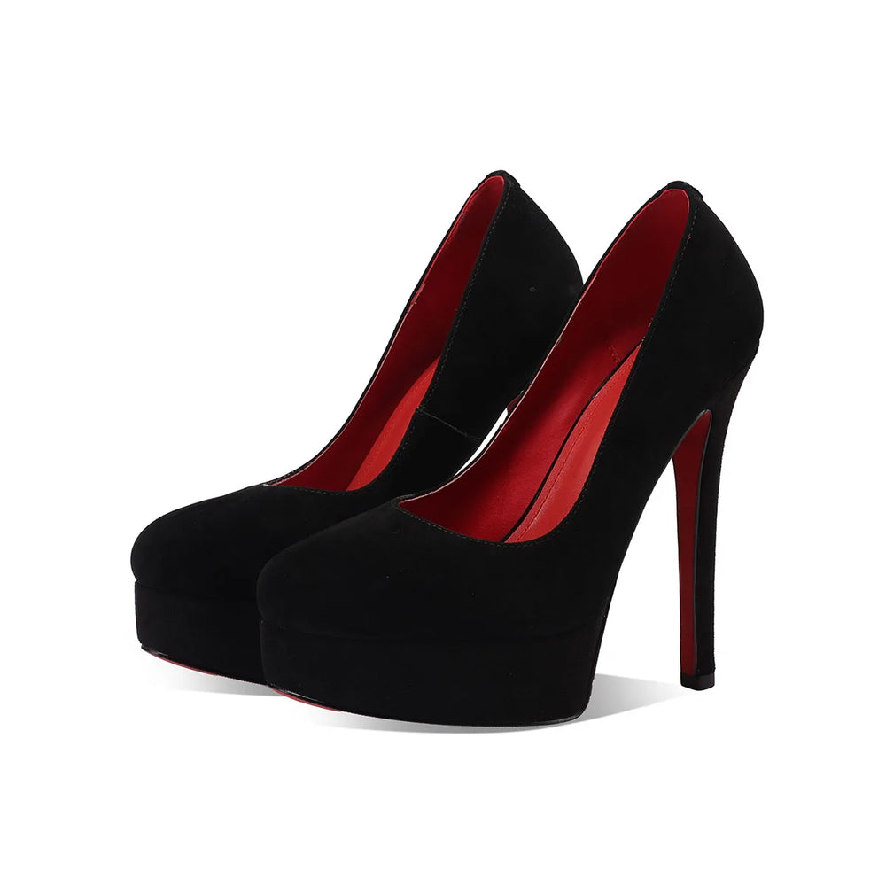 Black suede round-toe heel pumps with red lining, front view