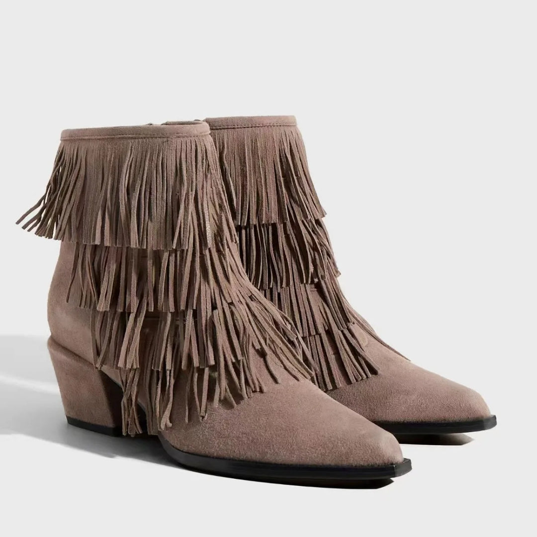 Women's suede tassel boots, taupe, ankle height with fringed side panels and low block heel