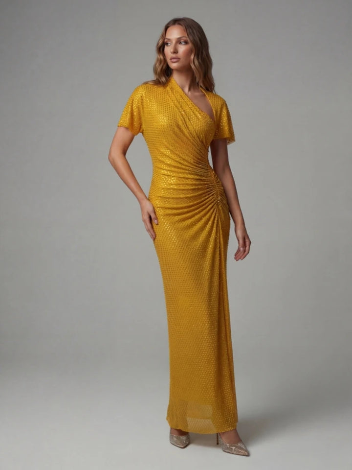 Stylish Asymmetrical Pleated Collar Gown