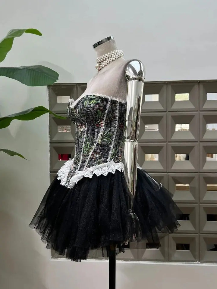 Elegant Mesh Tulle Swan Corset Two Piece Dress