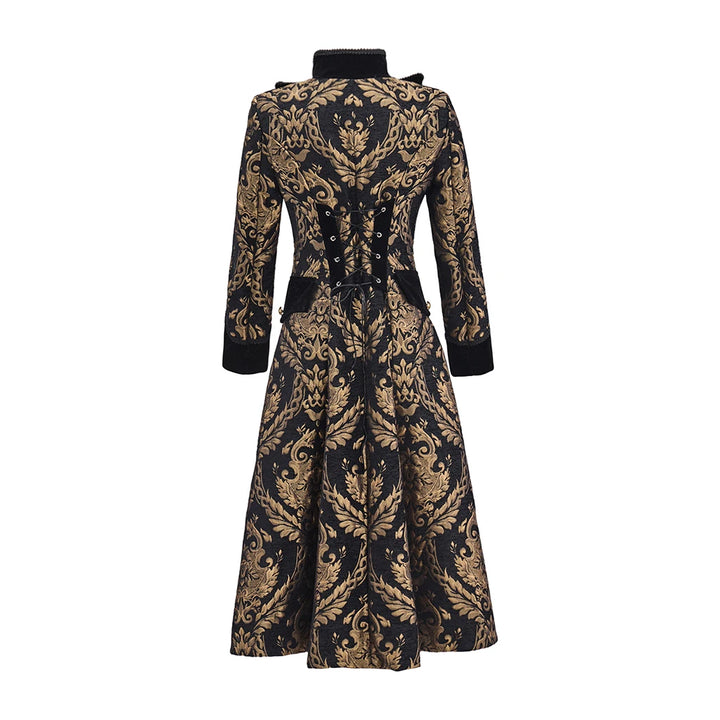 Women’s steampunk tailcoat front view, black with gold baroque pattern and shoulder epaulets