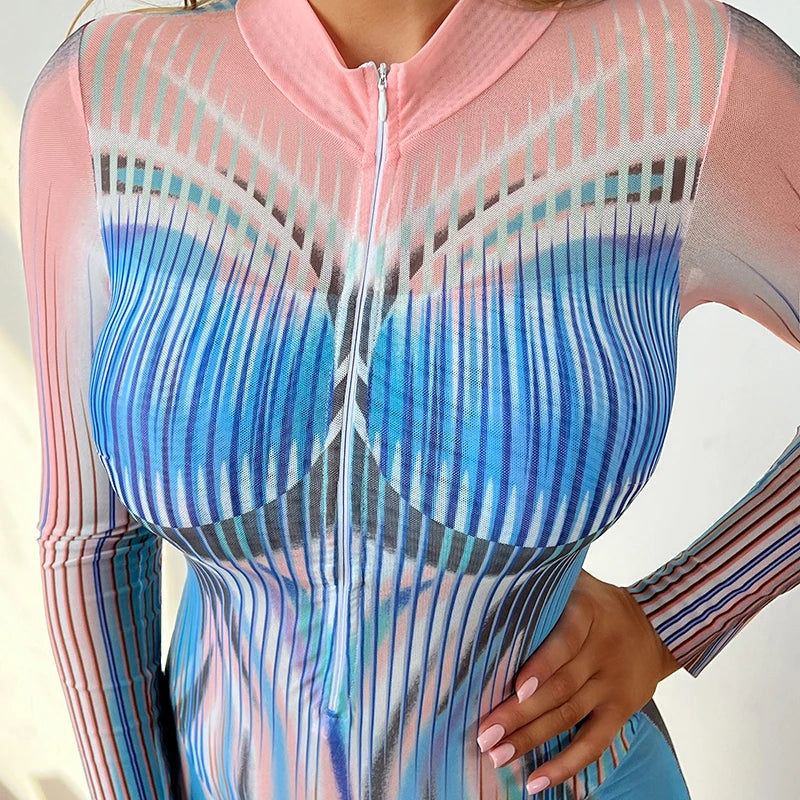 Women’s zip-front one-piece swimsuit, pink collar and blue striped pattern