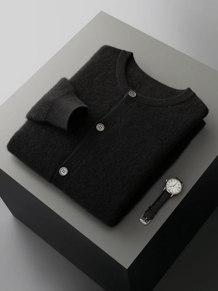 Men’s wool knit two-piece outfit in dark grey, button-front sweater and pants