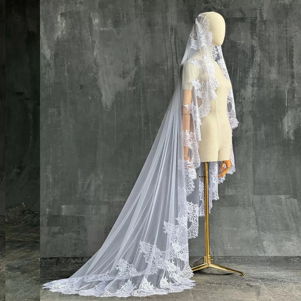 Regal Lace Hem Long Wedding Veil