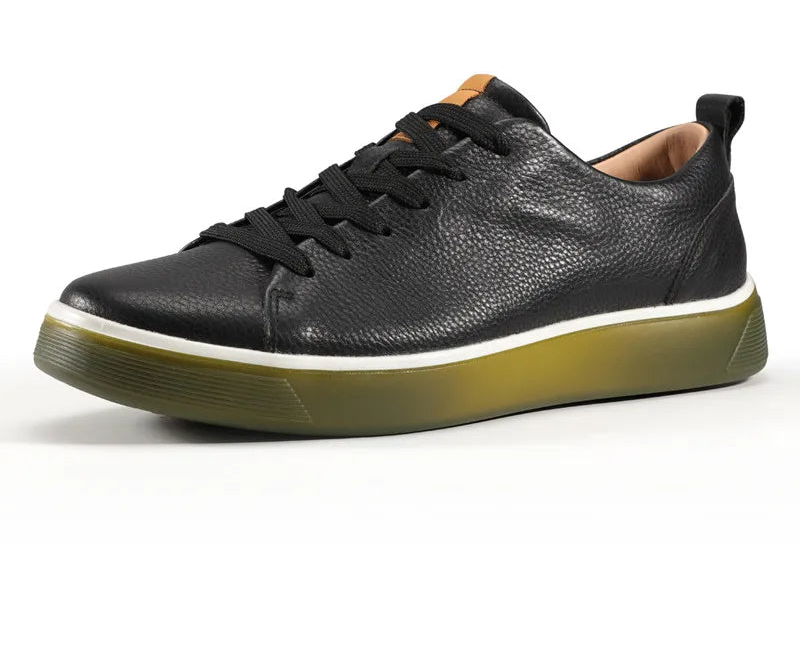 Black leather men’s low-top sneakers with lace-up closure and thick olive sole