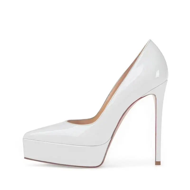 White patent leather pointed-toe pumps with sleek platform sole and stiletto heel