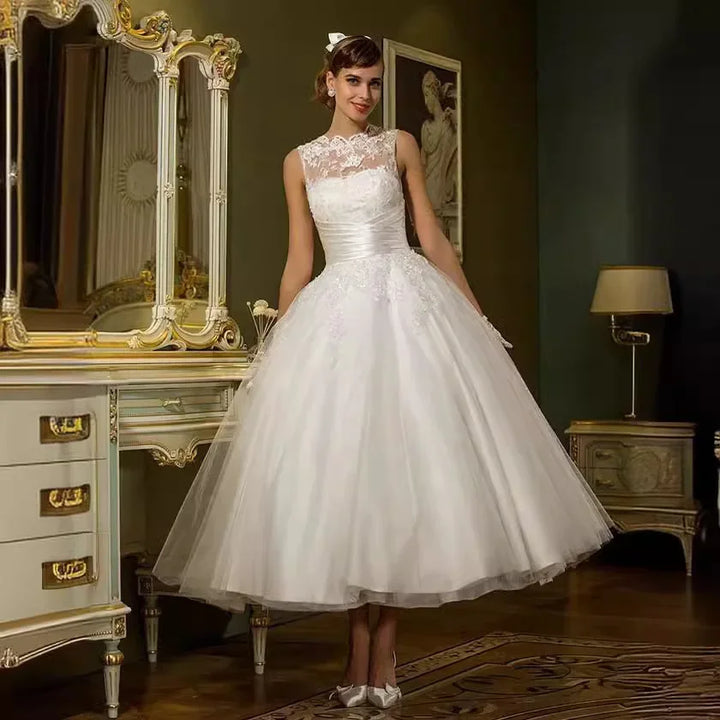 Modern Lace Applique Wedding Puff Gown