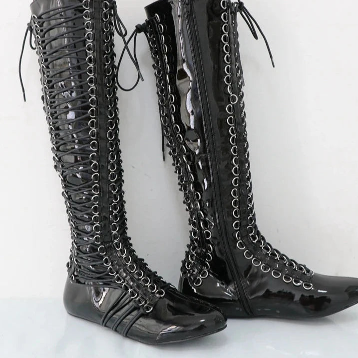 Black Shiny Knee High Boots