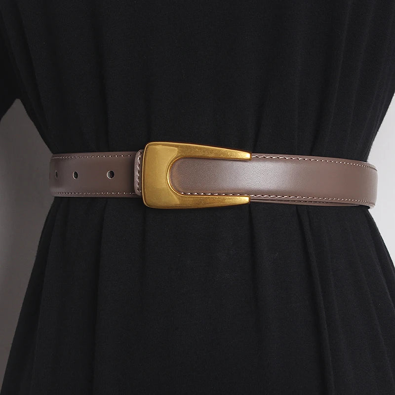 Narrow taupe leather waist belt with gold-tone rectangular buckle and adjustment holes
