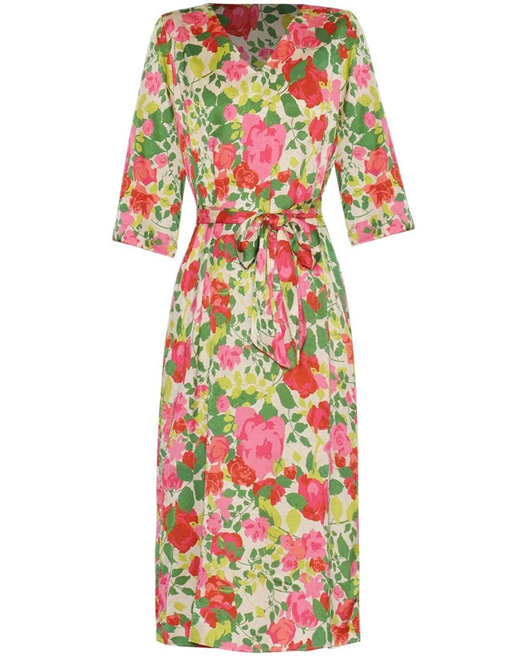 Classic Floral Lace-Up Midi Dress