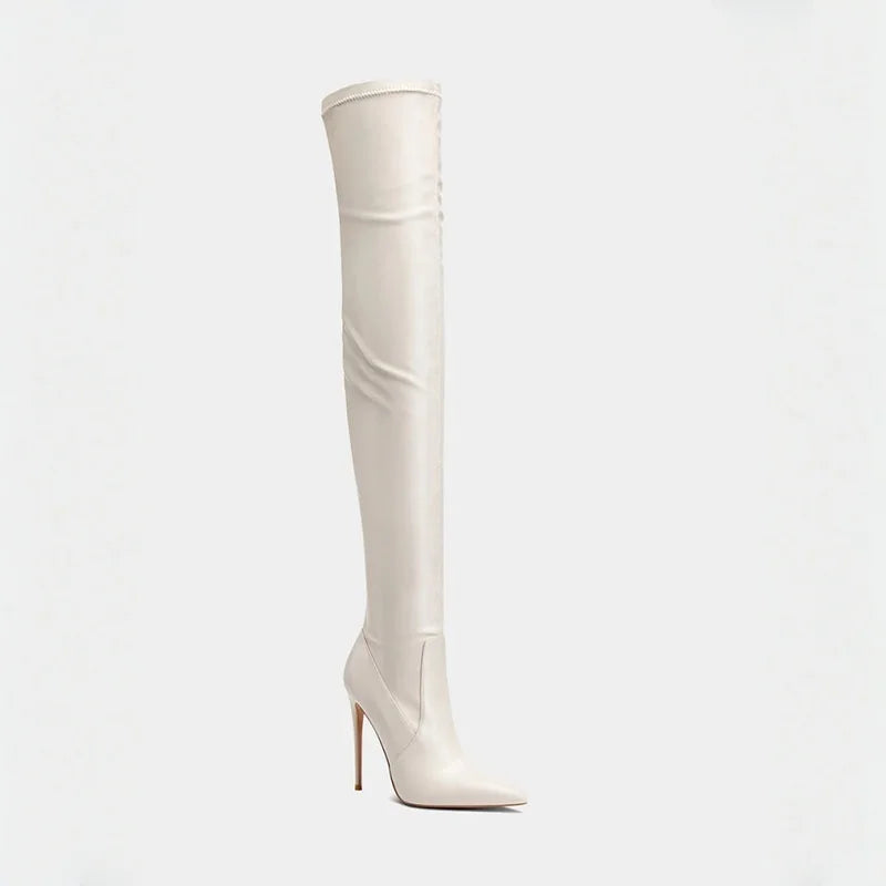 Women's knee-high faux suede heel boots, white/cream slip-on, side view with pointed toe