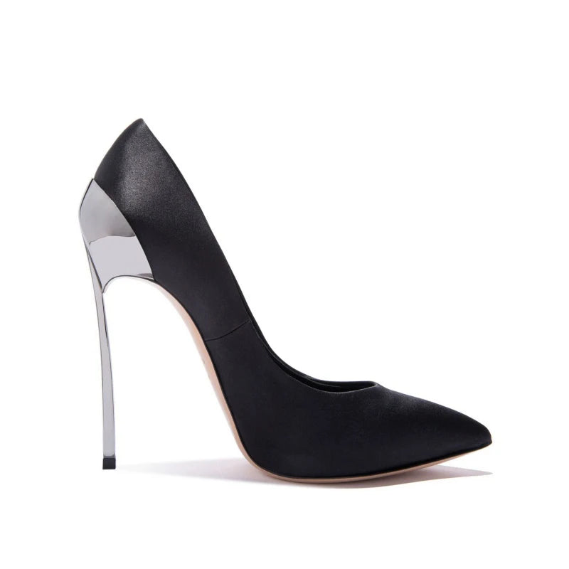 Black pointed-toe high-heel slip-on pumps with silver stiletto heel
