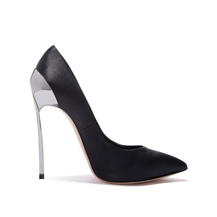 Black pointed-toe high-heel slip-on pumps with silver stiletto heel