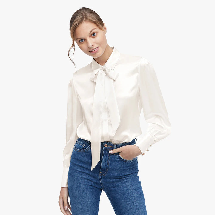 Refined Pure Silk Bow Tie Blouse