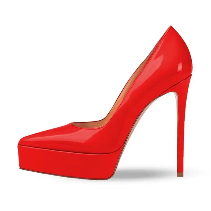 Red patent leather women’s classic platform heel pumps with pointed toe