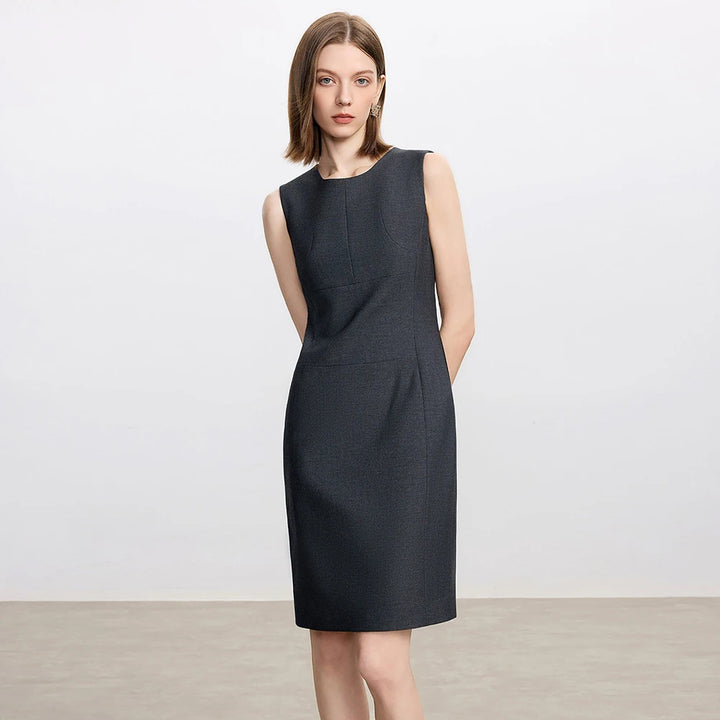 Dark gray sleeveless sheath dress with fitted waist and knee-length hem