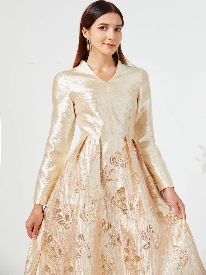 Luxurious Golden Jacquard Midi Skirt Dress