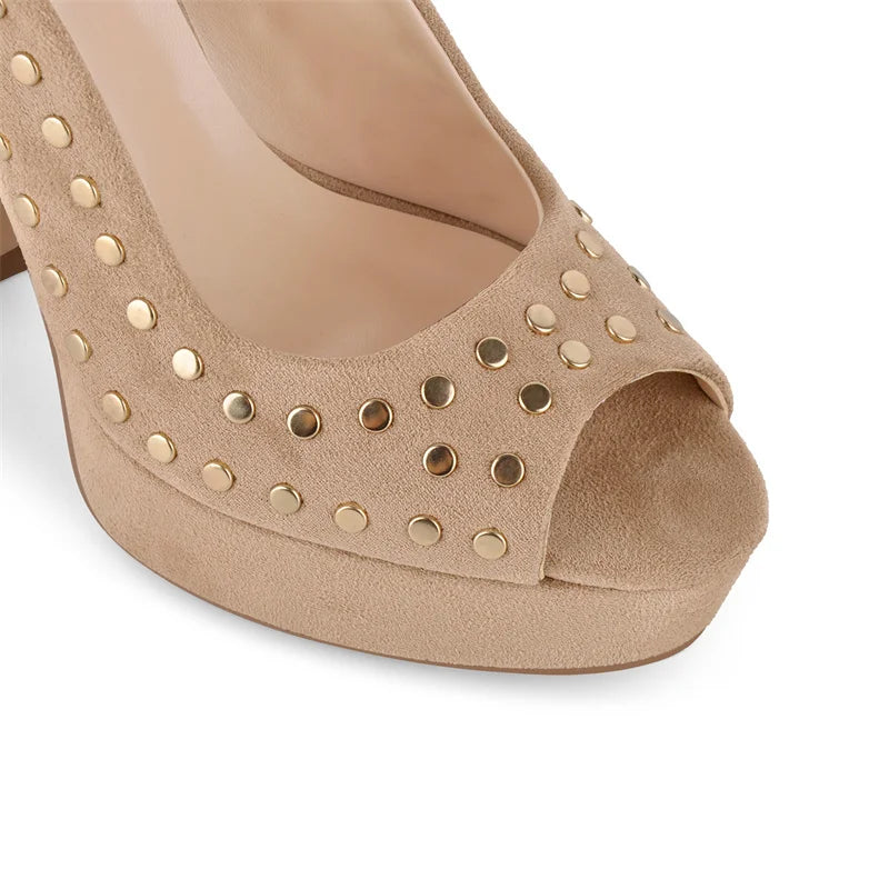 Beige faux suede peep-toe platform heel with studded cross strap and rounded sole