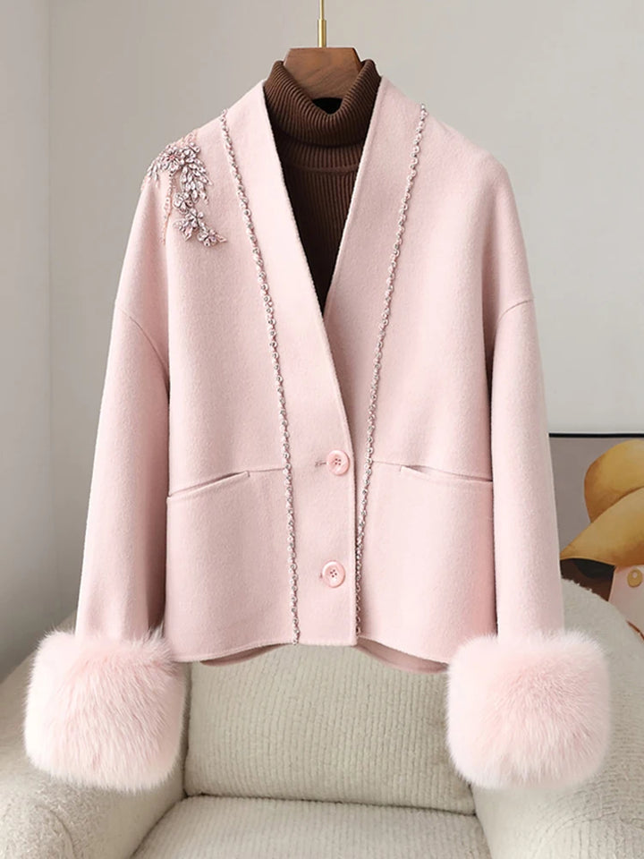 Real Natural Warm Wool Fur Cuff Coat