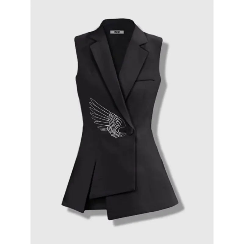Black sleeveless blazer vest with embroidered wing emblem and draped front panels