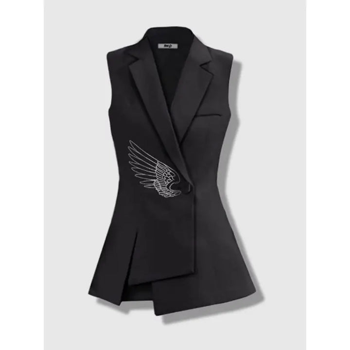 Black sleeveless blazer vest with embroidered wing emblem and draped front panels