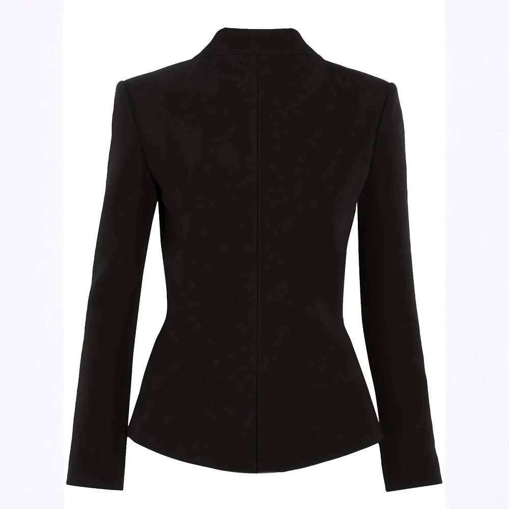 Women's slim-fit blazer back view in black with long sleeves and curved hem.