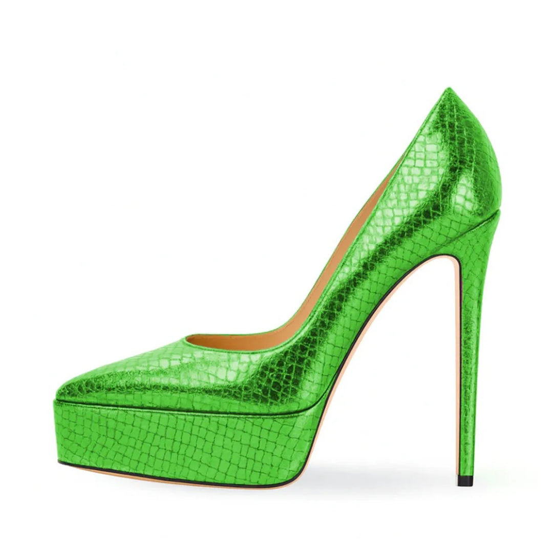 Women’s high-heel pump shoe in neon green textured leather, platform sole, stiletto heel