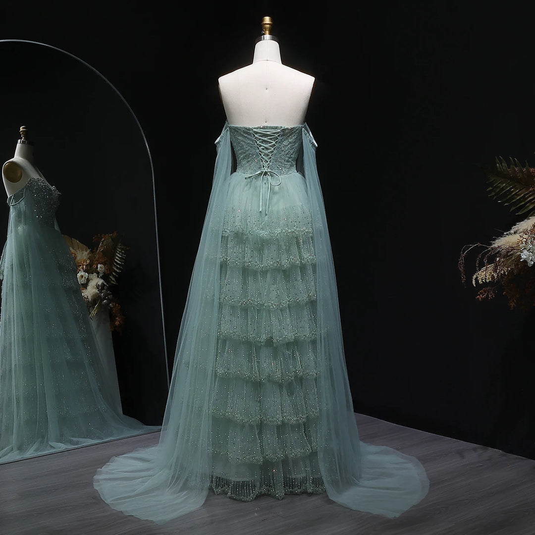 Charming Beaded Tiered Arabic Evening Gown