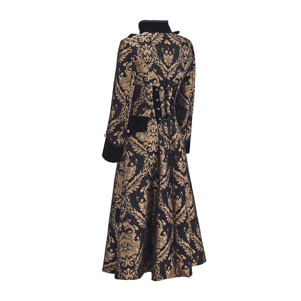 Women’s steampunk tailcoat back view, black with gold baroque print and button accents